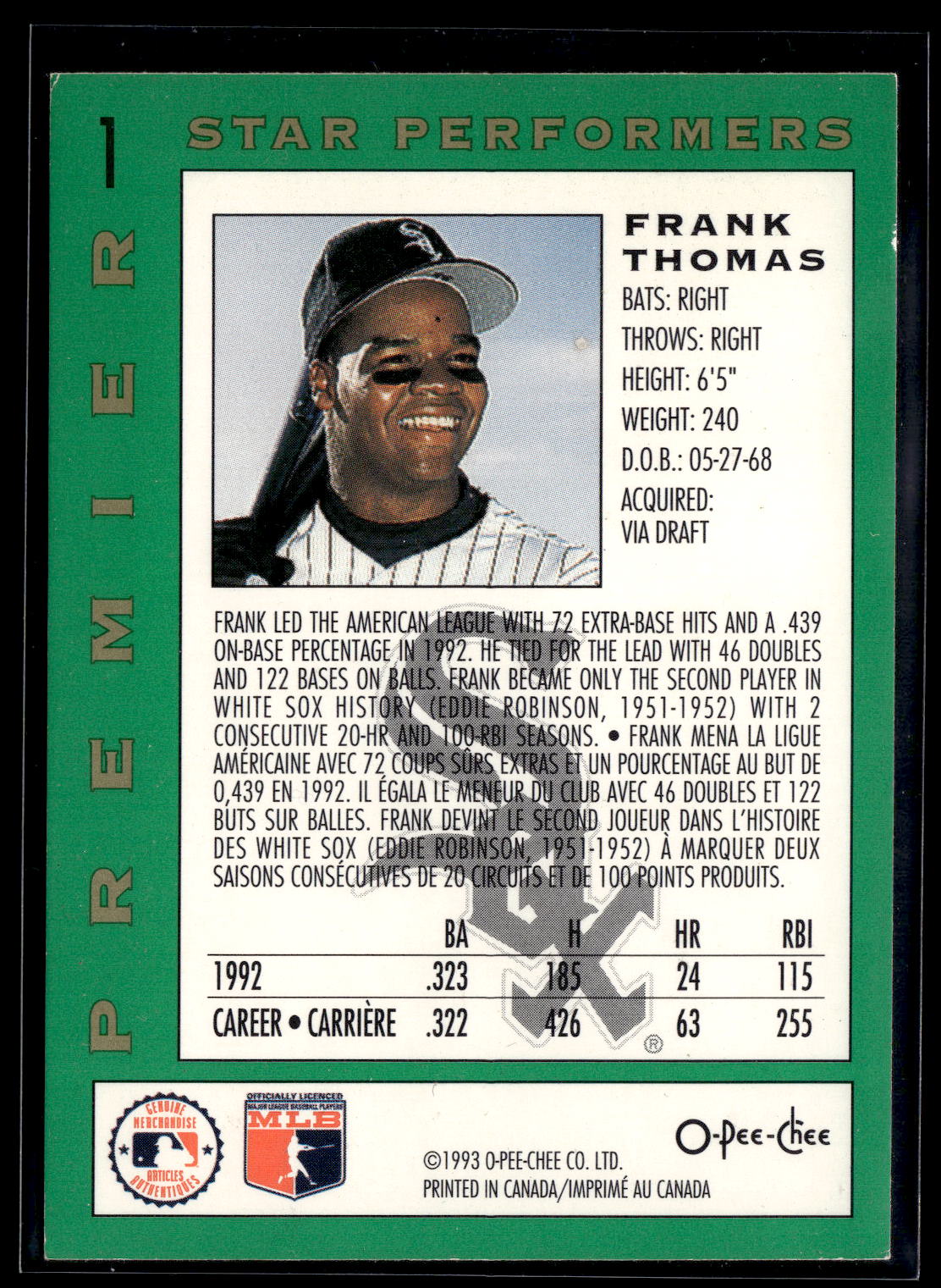 1993 O-Pee-Chee Premier #1 Frank Thomas Star-Performers