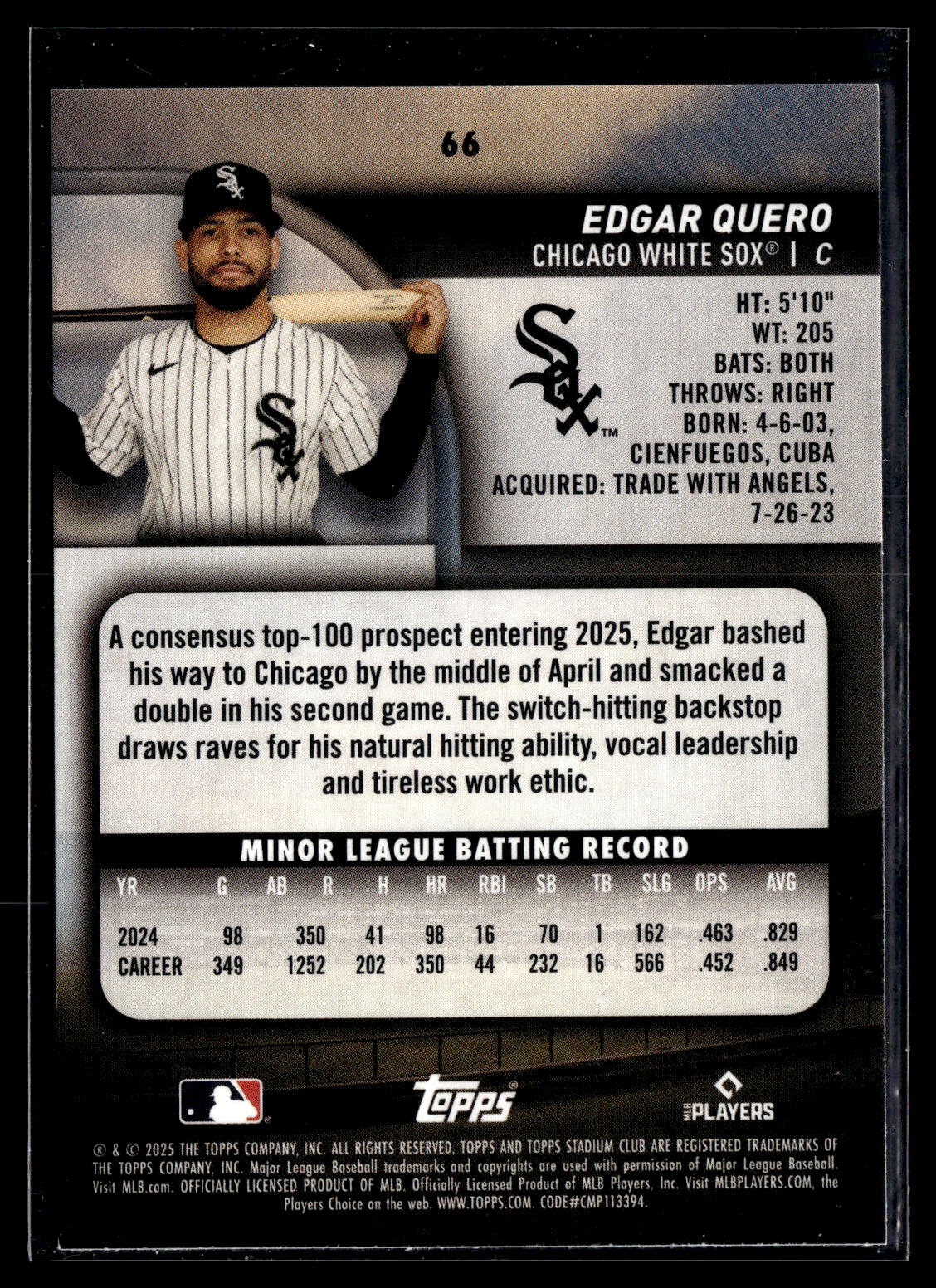 2025 Stadium Club #66 Edgar Quero Rookie