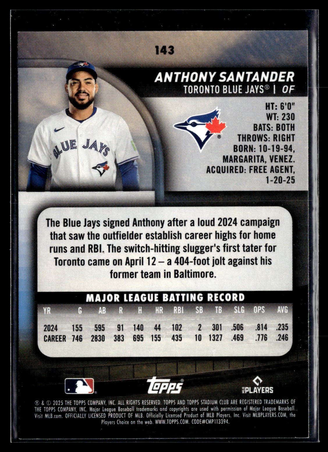 2025 Stadium Club #143 Anthony Santander Red Foil
