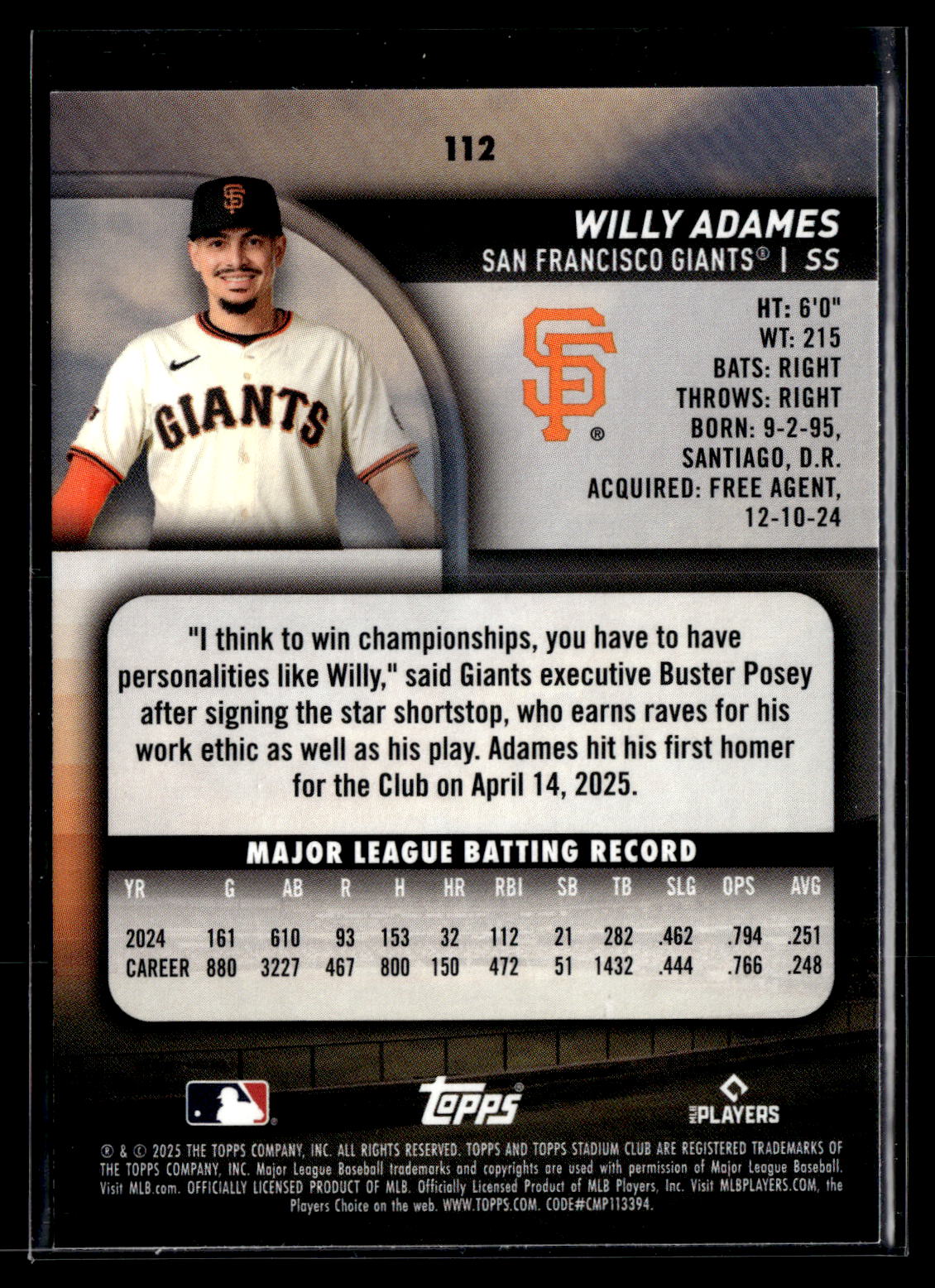 2025 Stadium Club #112 Willy Adames Red Foil