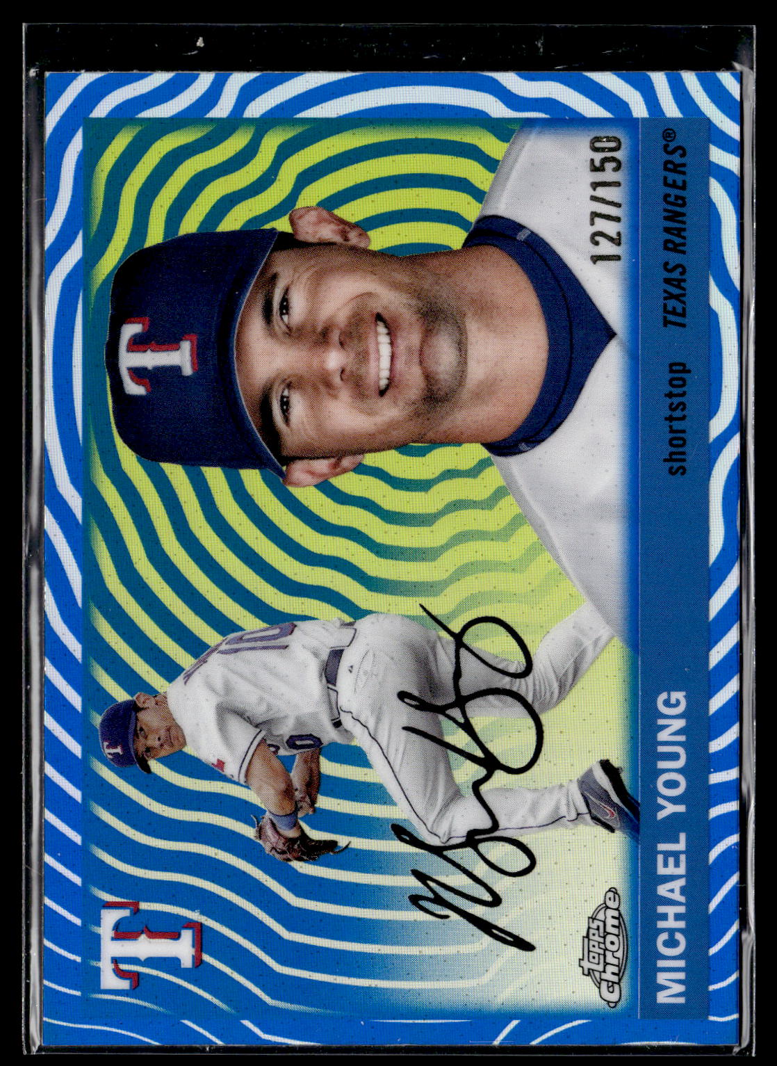 2025 Topps Chrome Platinum #485 Michael Young Blue Vibrations Refractors