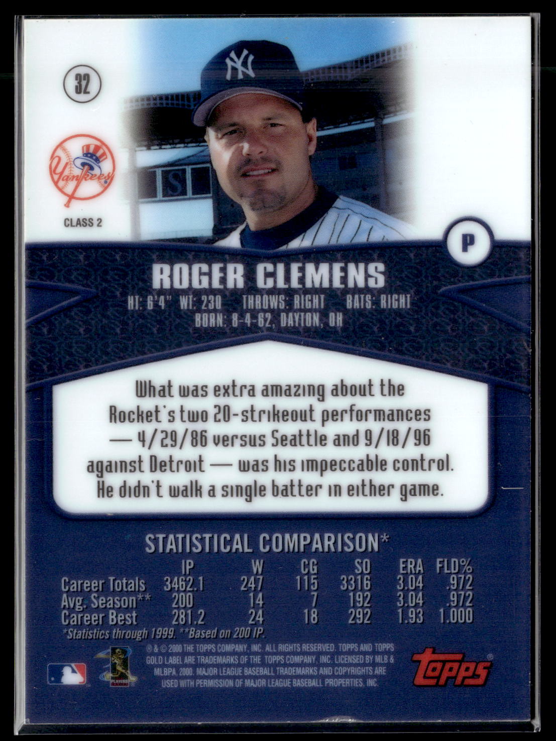 2000 Topps Gold Label #32 Roger Clemens Class 2